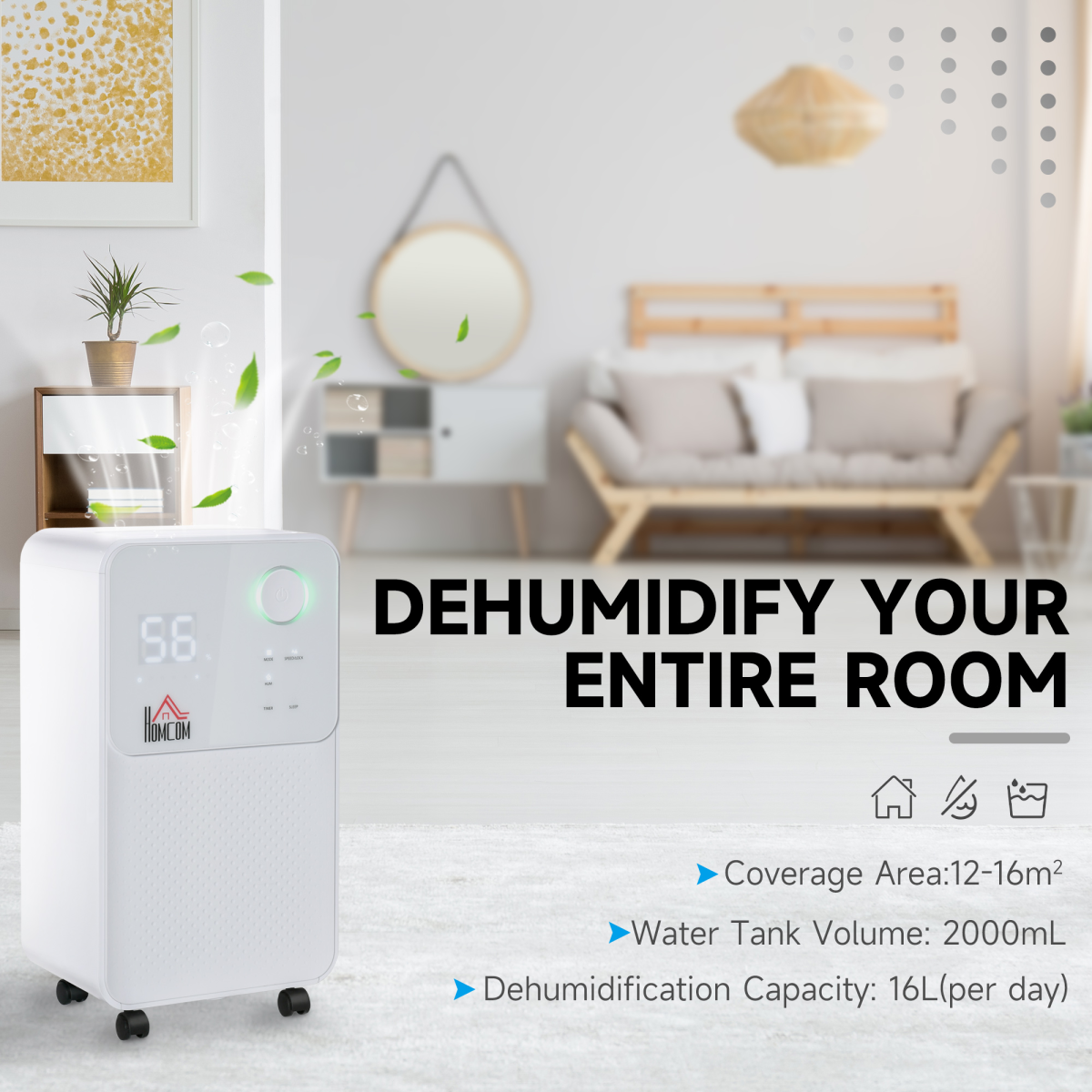 HOMCOM 12L/Day Portable Quiet Dehumidifier for Home and Laundry Room with 24-Hour Timer, Child Lock and LED Display
