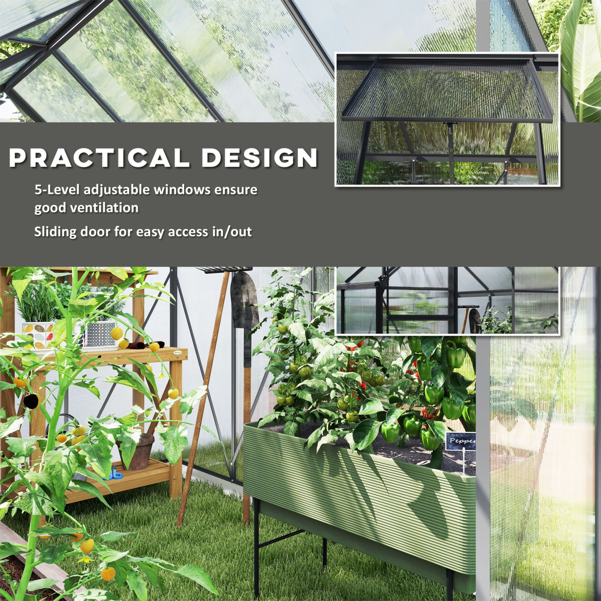 Outsunny Dark Grey Walk-In Polycarbonate Garden Greenhouse, Sliding Door
