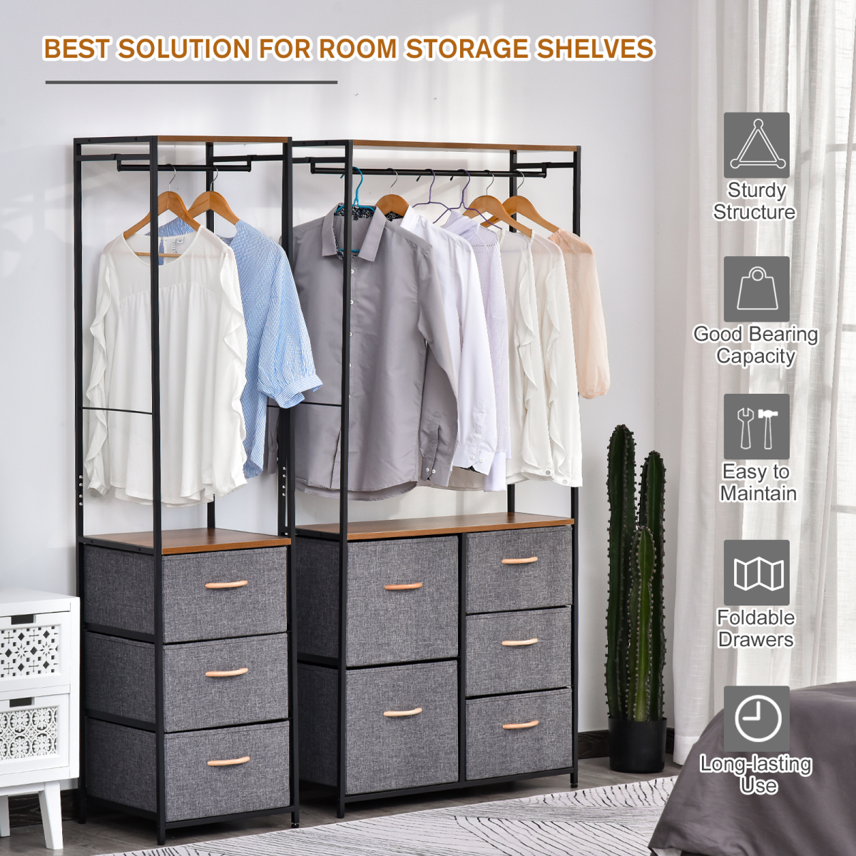 HOMCOM Freestanding Clothes Hanger Storage Unit, Steel Frame, Black Brown, 175 x 83 cm, with Top Rail, Shelf and Drawers
