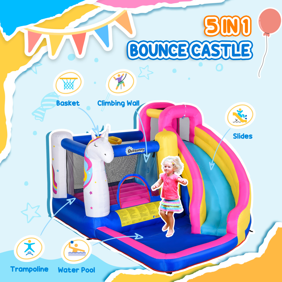 Outsunny 5-in-1 Bouncy Castle Inflatable Play Centre with Blower, Slide, Pool, Trampoline, Climbing Wall and Basketball Hoop, for Ages 3-8 Years