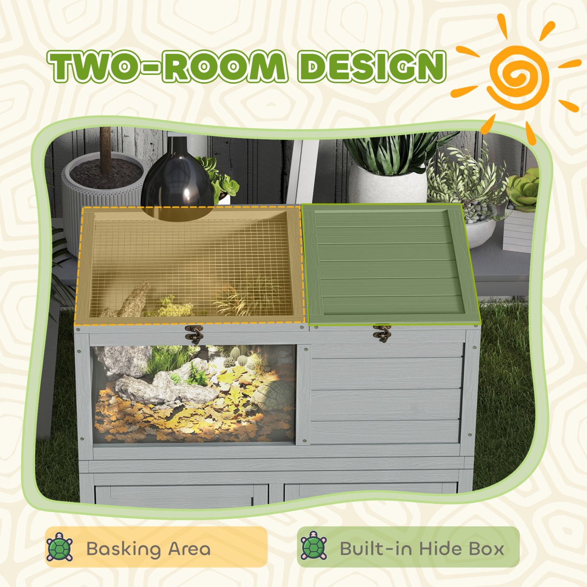 PawHut Tortoise House with Storage Cabinet, Openable Top & Lamp Holder