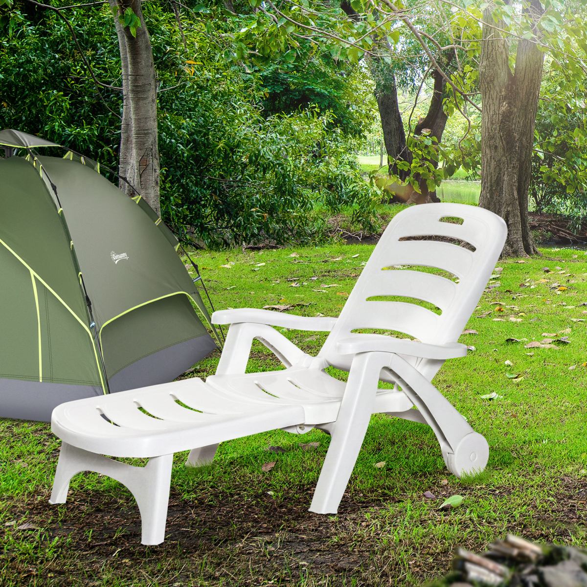 Outsunny Patio Folding Lounge Chair Recliner with Wheels and 5-Level Backrest