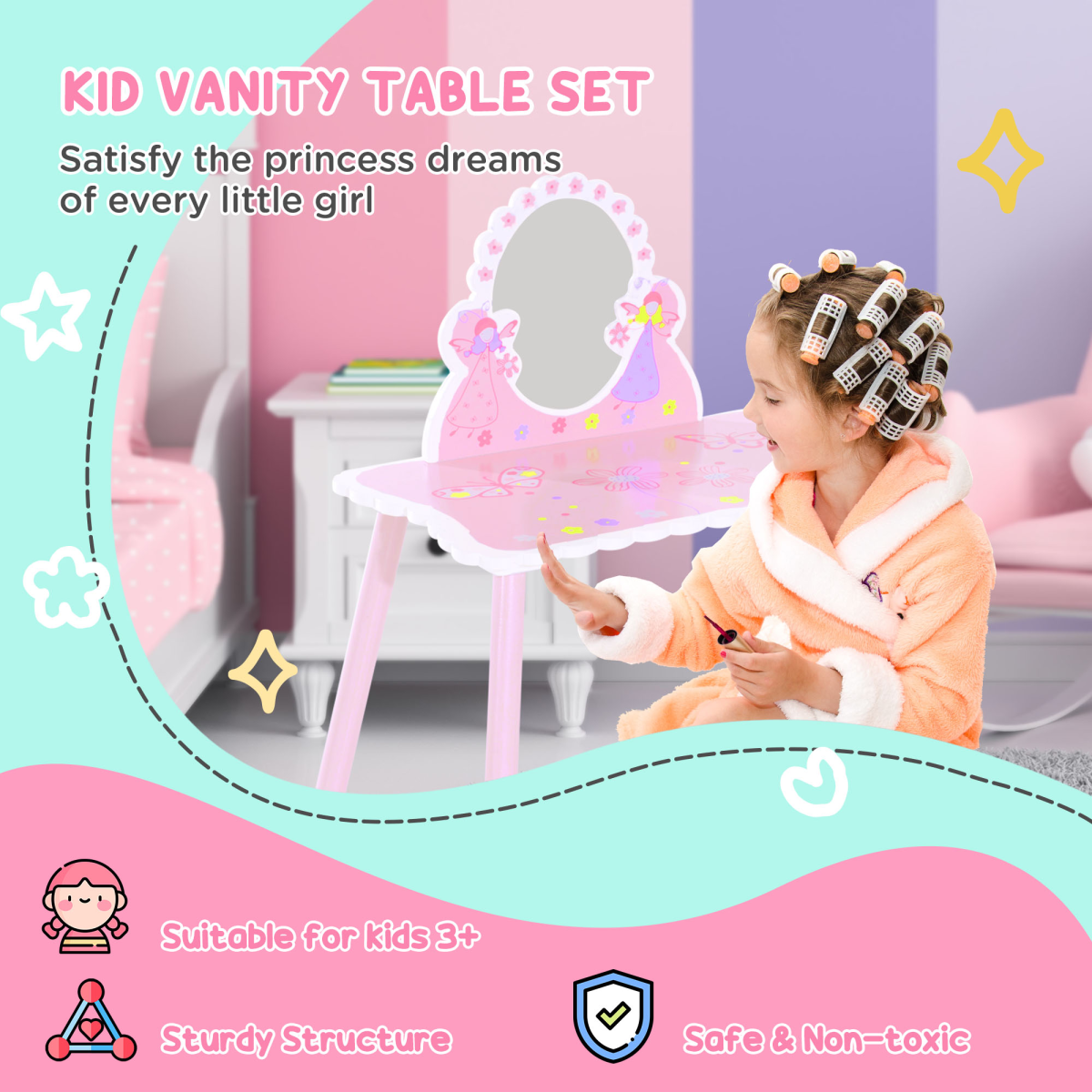 Pink Kids Dressing Table Vanity Set with Mirror and Chair, Girls Make Up Play Set