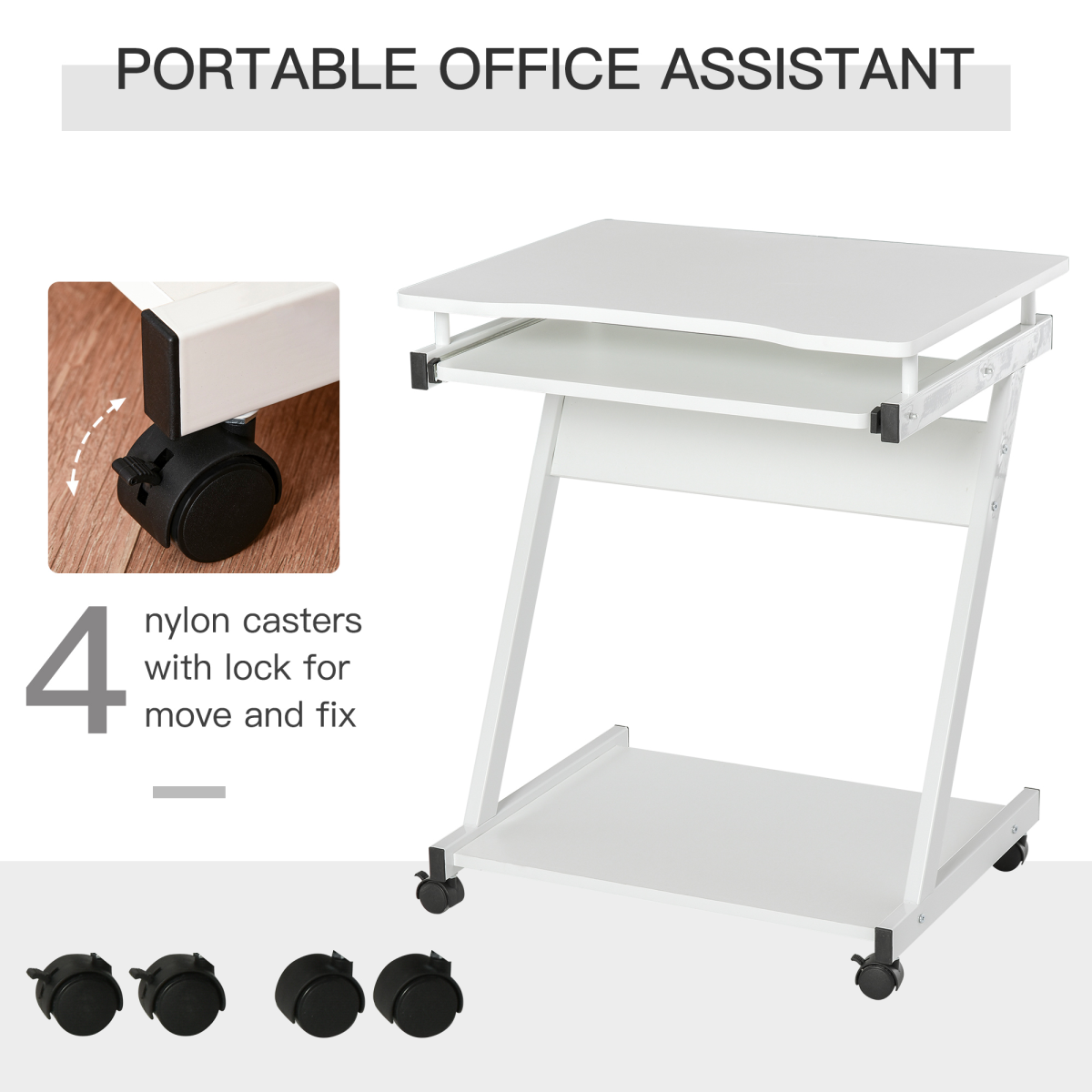 HOMCOM Computer Desk with Sliding Keyboard Tray, 4 Wheels, Bottom Shelf, White