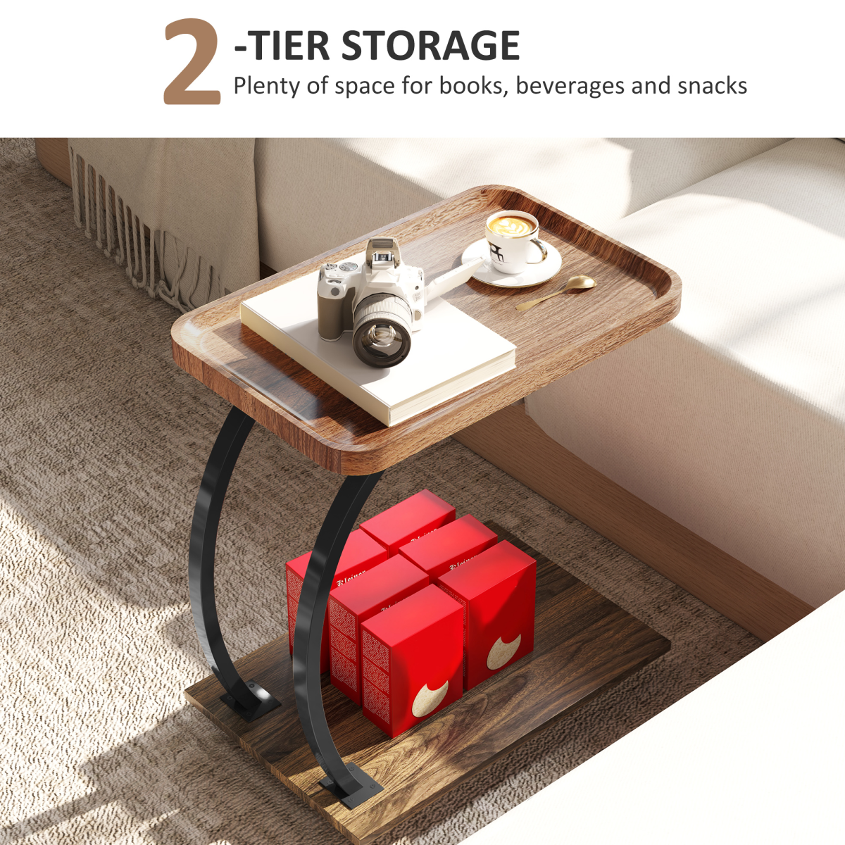HOMCOM C-Shaped 2-Tier Side Table with Storage and Wheels, Brown