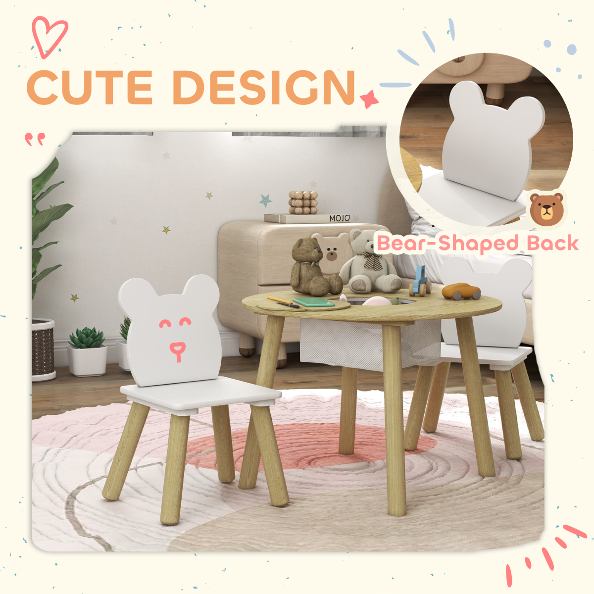 AIYAPLAY 3-Piece Toddler Table and 2 Chair Set with Mesh Bag
