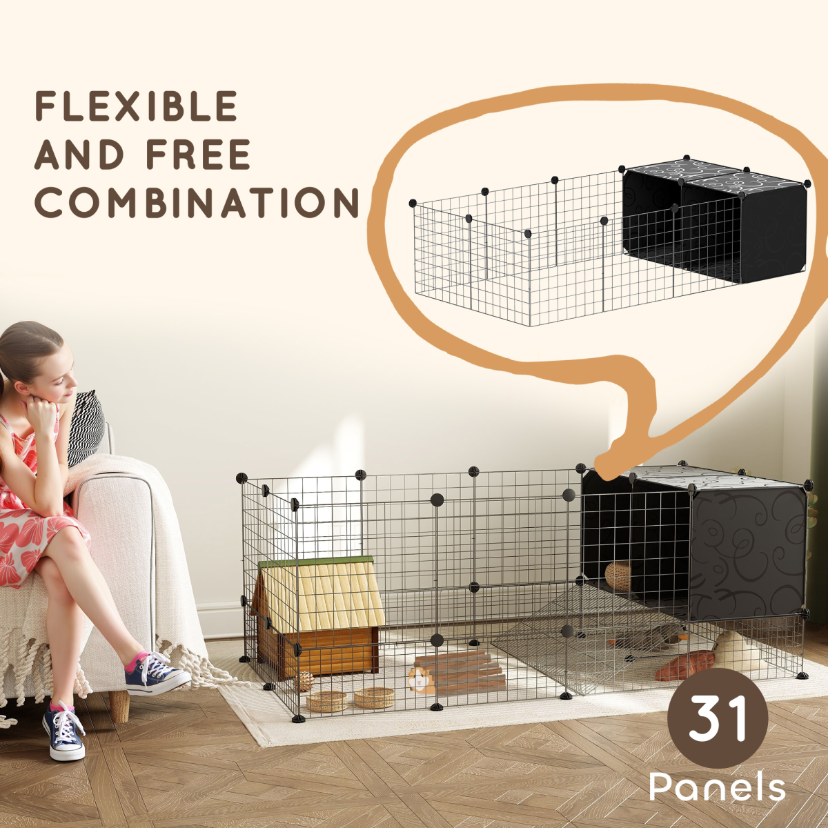 PawHut DIY Small Animal Cage with Elevated Huts for Guinea Pigs, Hedgehogs