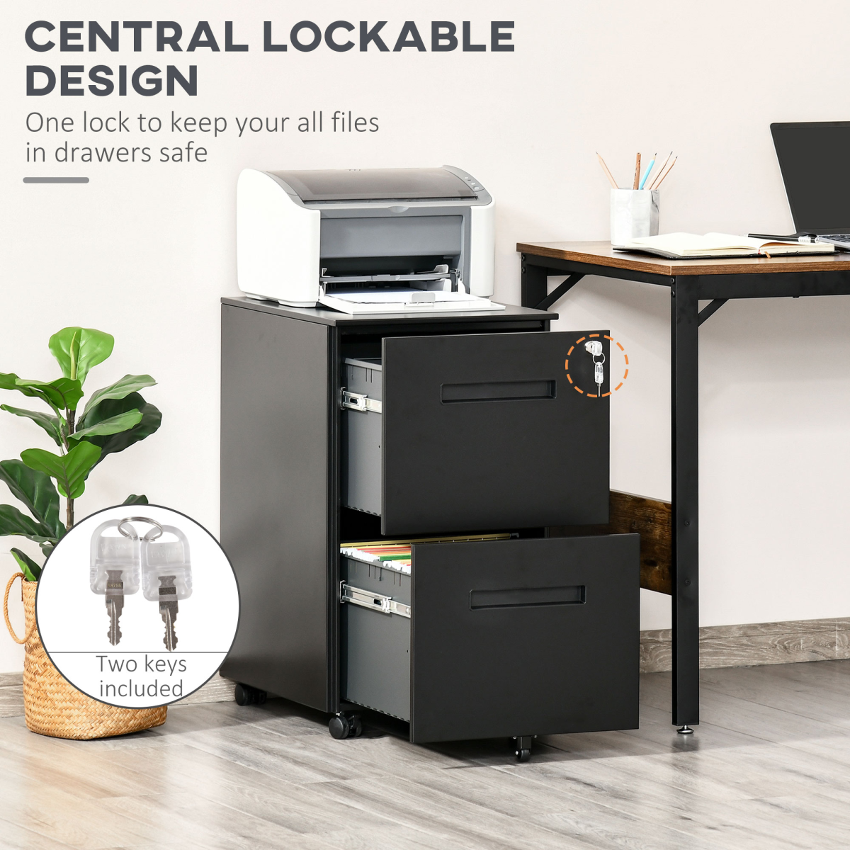 Mobile Lockable File Cabinet with Hanging File Storage for A4, Letter, and Legal Files, Black