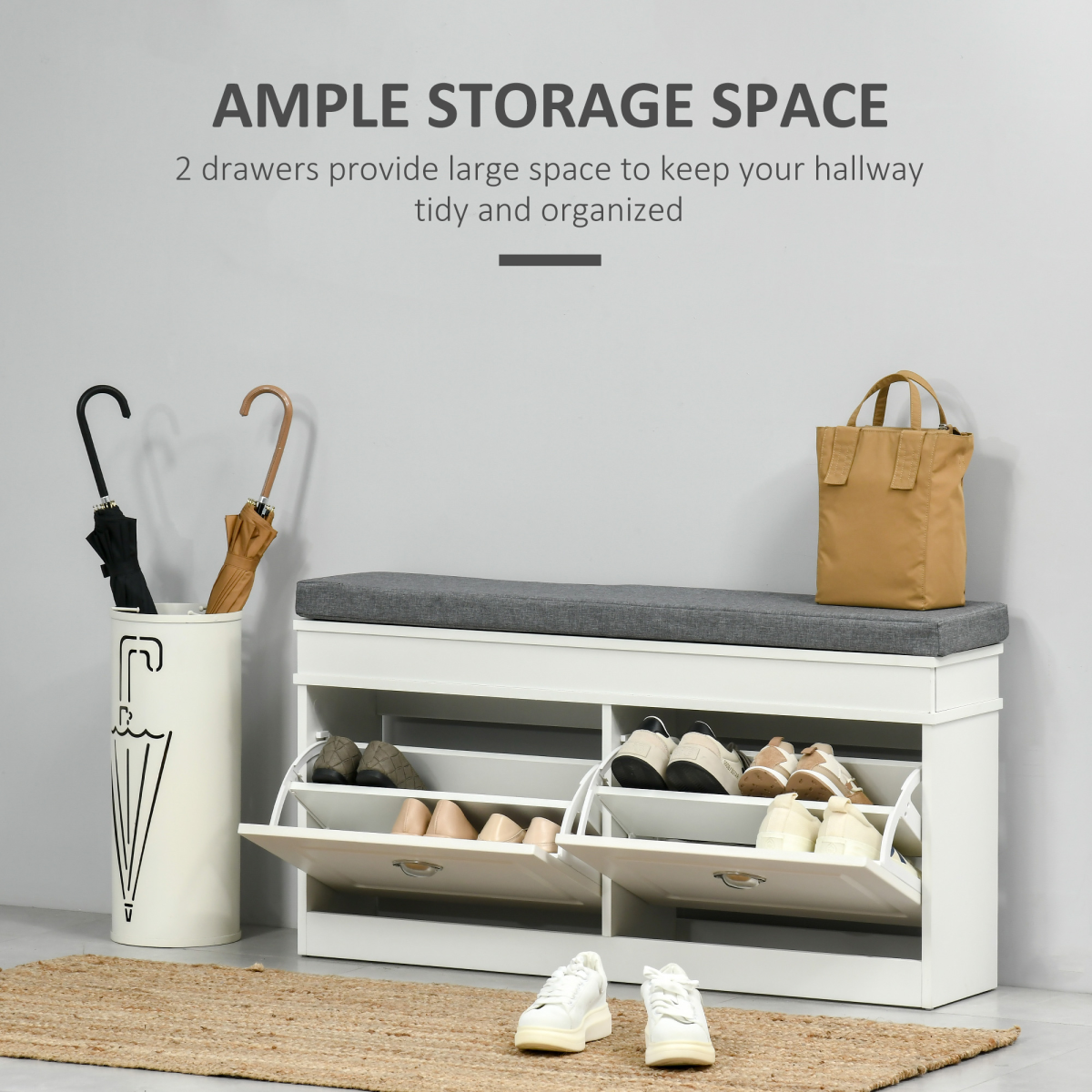 Shoe Storage Bench with Padded Seat Cushion and 2-Drawer Cabinet Organizer