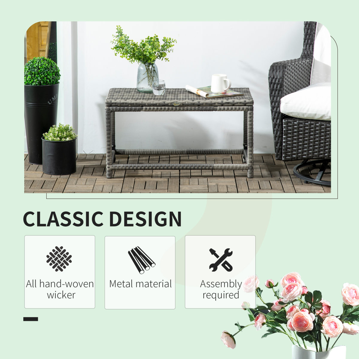 Outsunny Grey Outdoor Rattan Side Table with Steel Frame