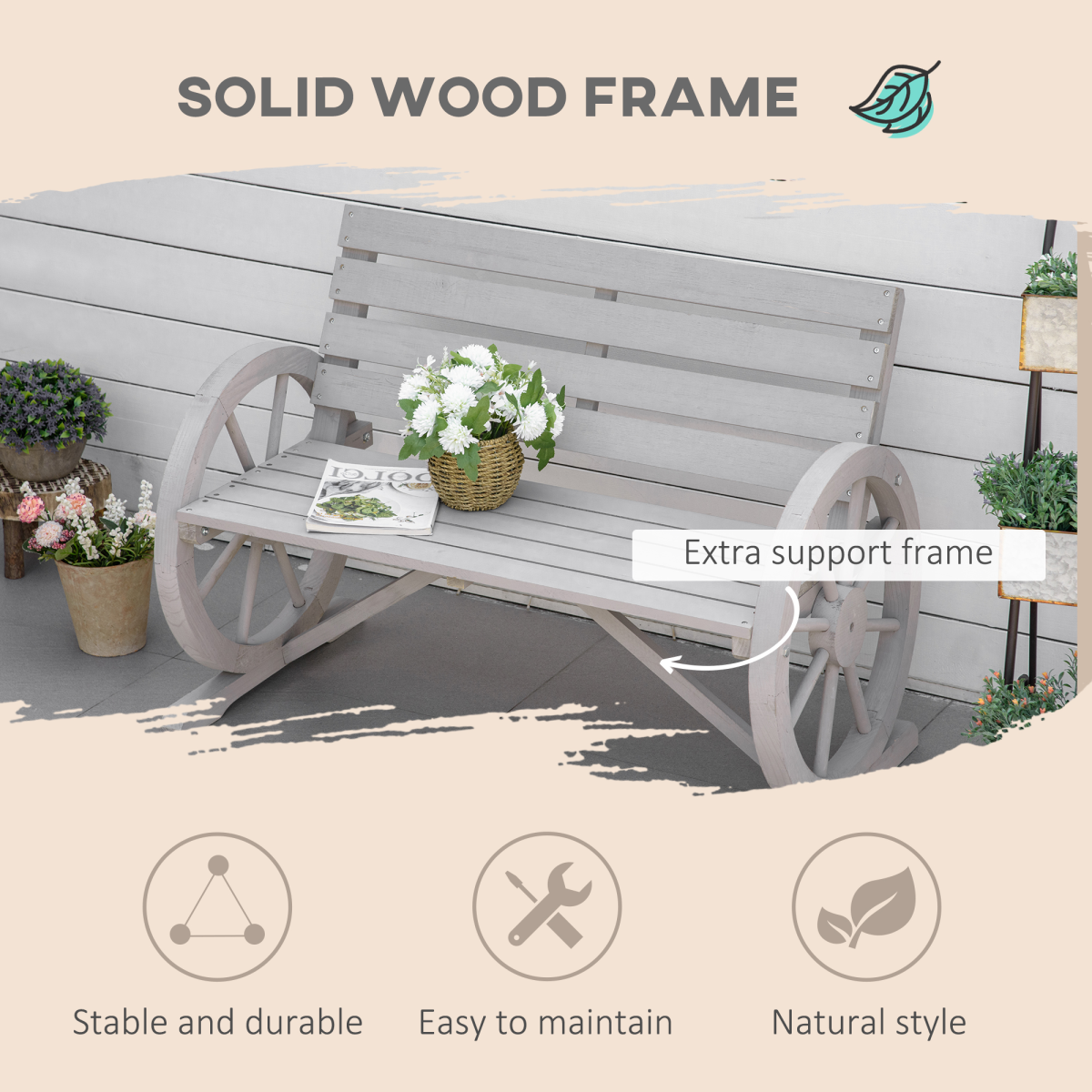 Outsunny 2-Seater Solid Fir Wood Garden Bench with Wagon Wheel Armrests, High Back, Grey