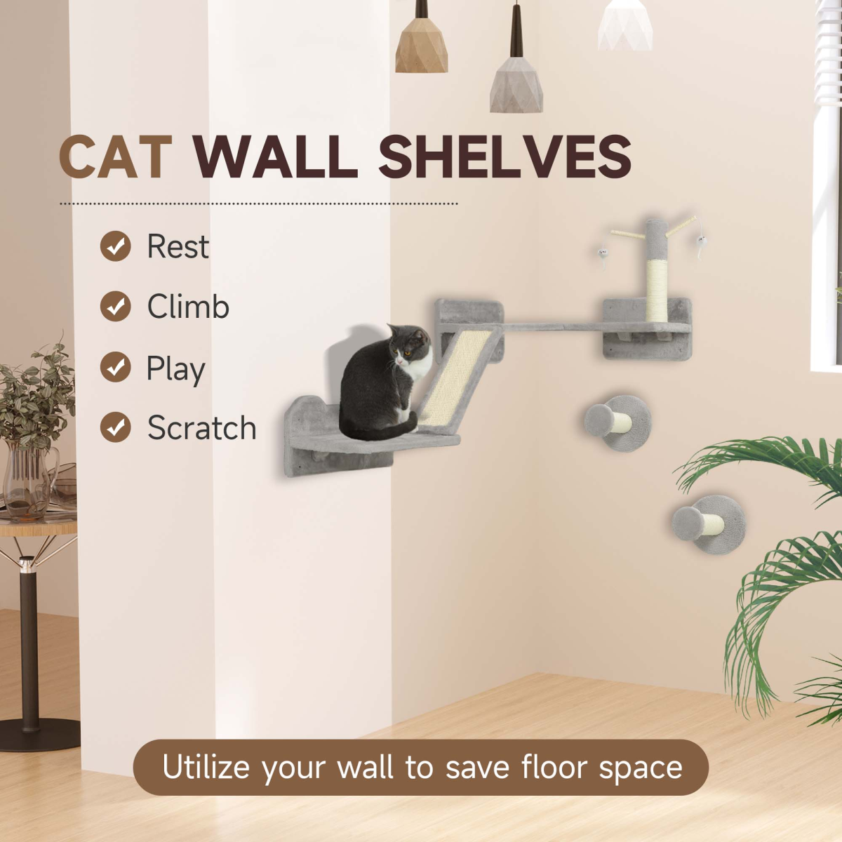 PawHut 3-Piece Wall-Mounted Corner Cat Shelves, Light Grey