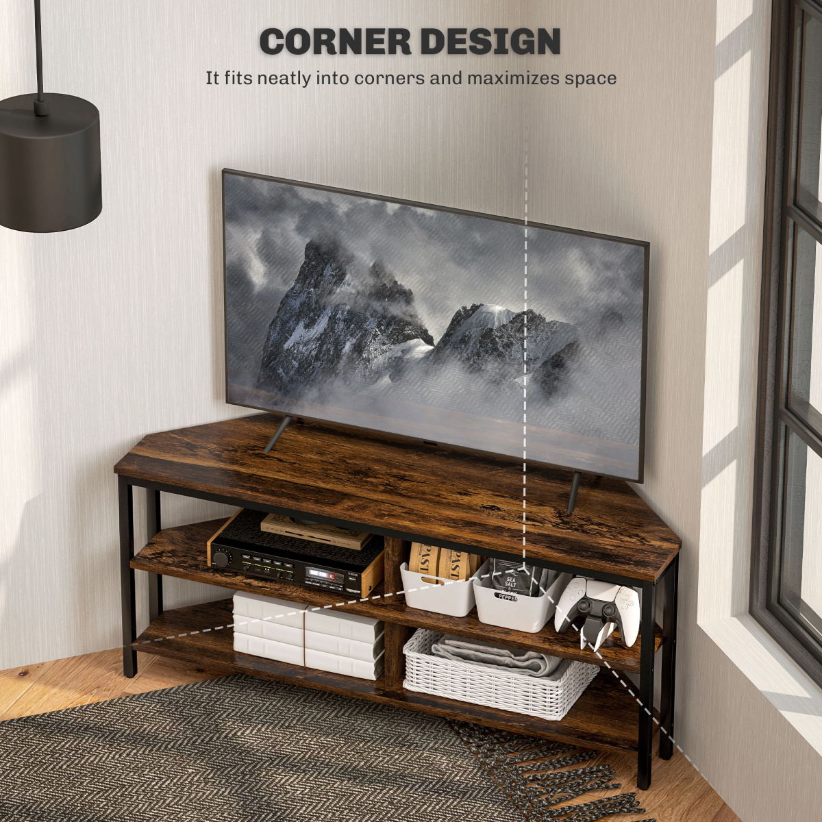 HOMCOM Corner TV Stand for TVs up to 50", 4 Shelves, Rustic Brown