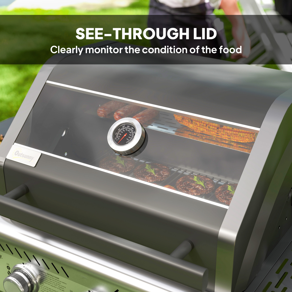 Outsunny 3-Burner Propane Gas BBQ Grill with See-Through Lid & Thermometer