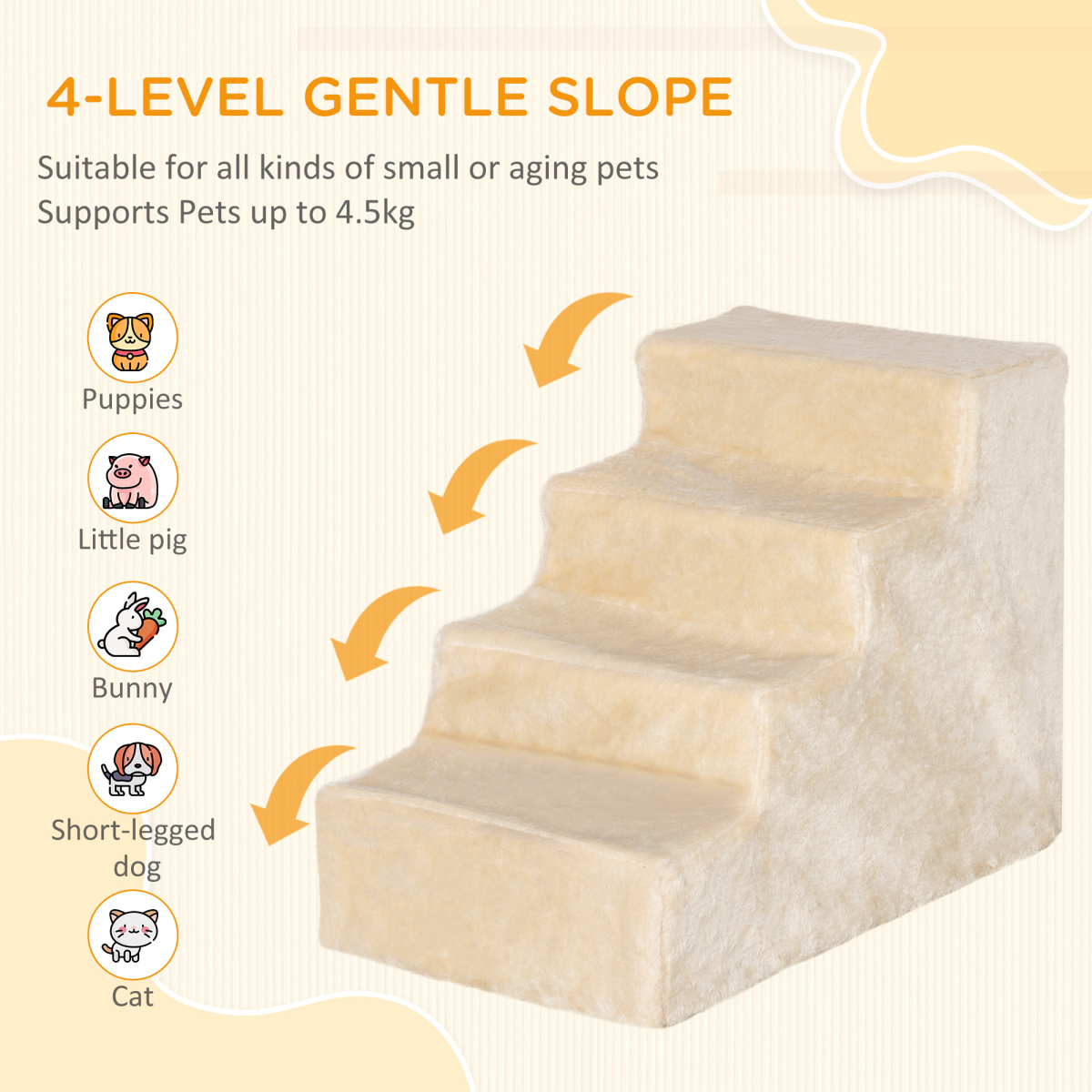 PawHut Beige Portable Dog Stairs with Washable Plush Cover for Beds & Sofas