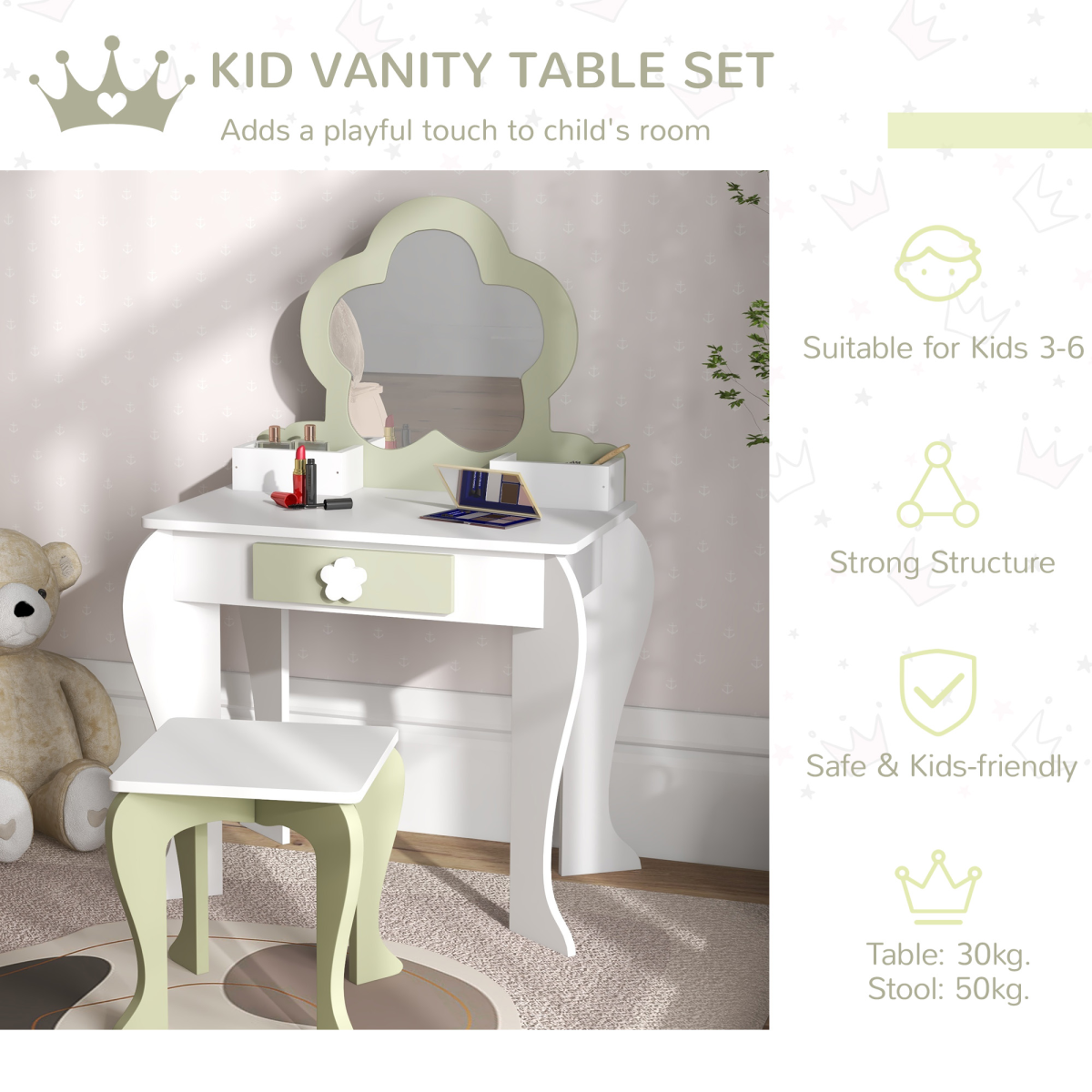ZONEKIZ Kids Vanity Table Set with Stool, Mirror, Flower Design, White