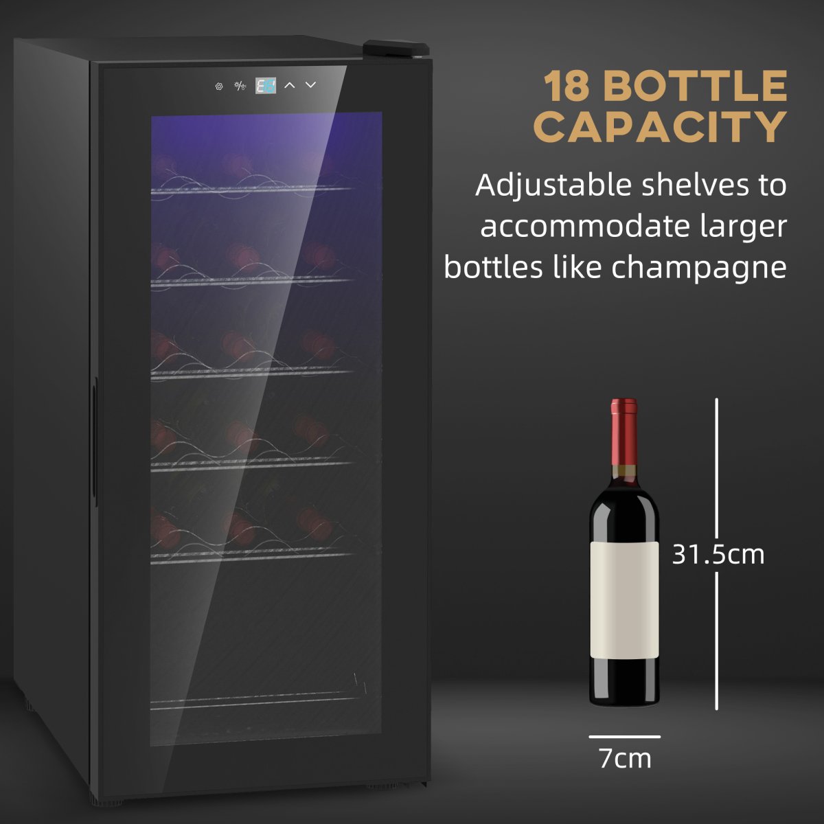 HOMCOM 50L Under Counter Wine Cooler Fridge, 18 Bottle, LED Light, Glass Door