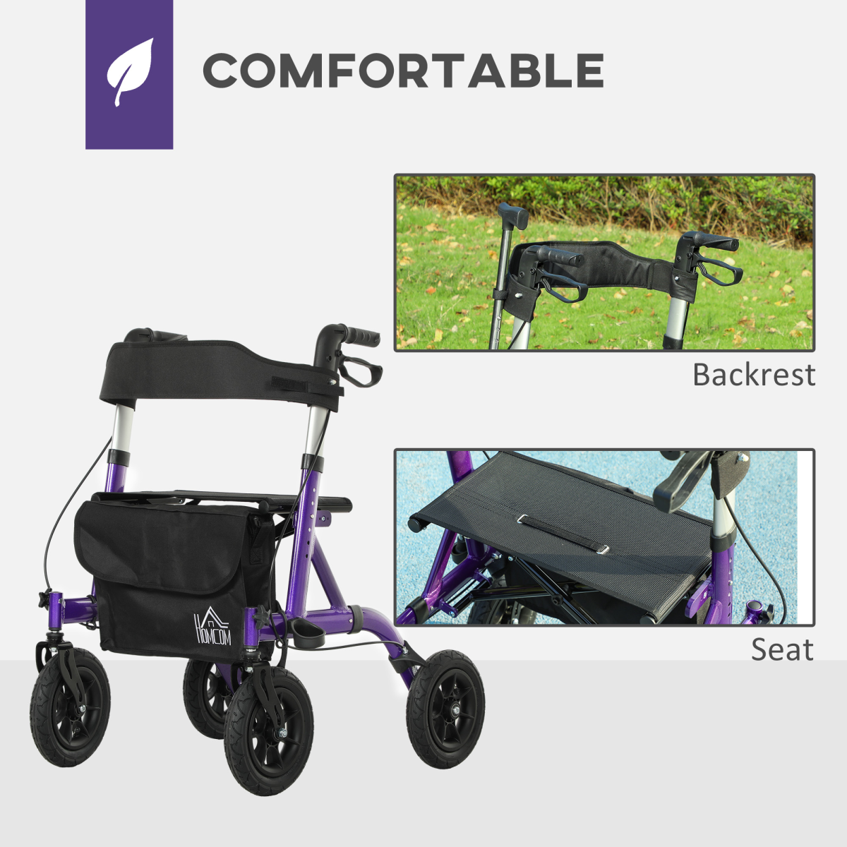 HOMCOM Rollator Walker with Seat, Brakes, Bag, All-Terrain Wheels