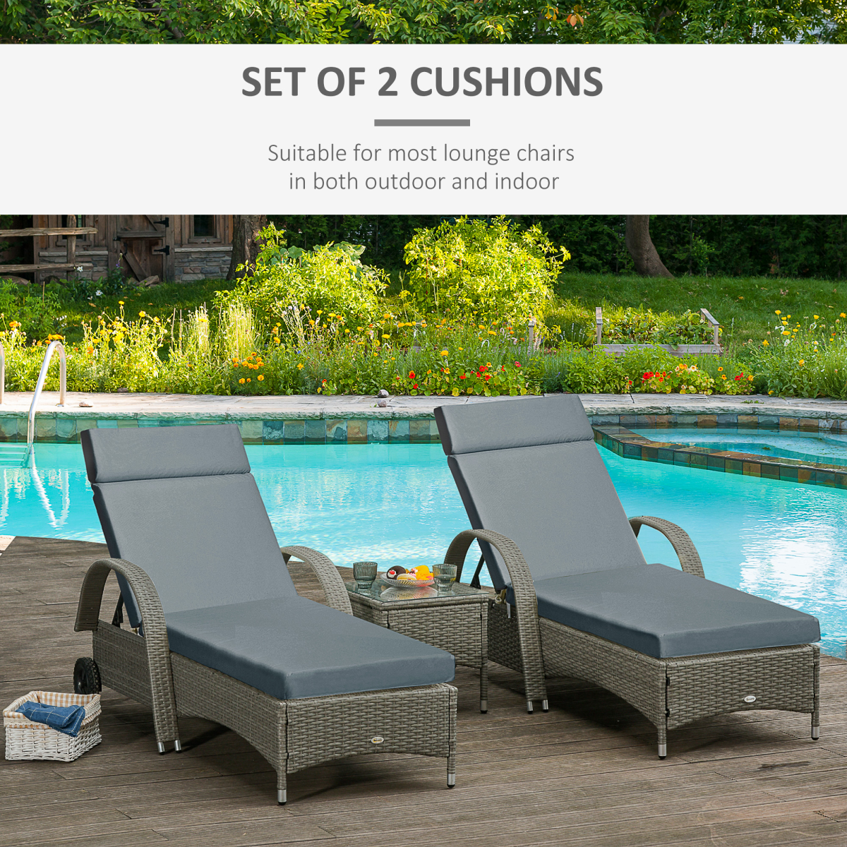 Outsunny Set of 2 Sun Lounger Cushions with Ties, Dark Grey