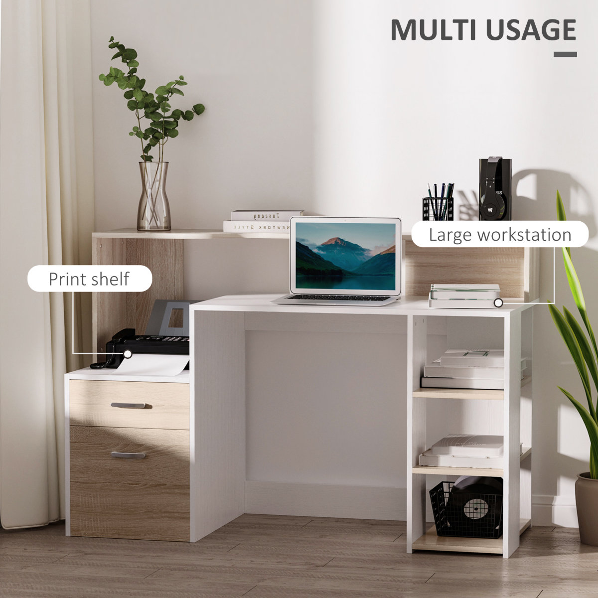 Multi-Storage Workstation Desk with Side Shelves, 2-Drawer Cabinet and Printer Space, Home Office Desk, Oak