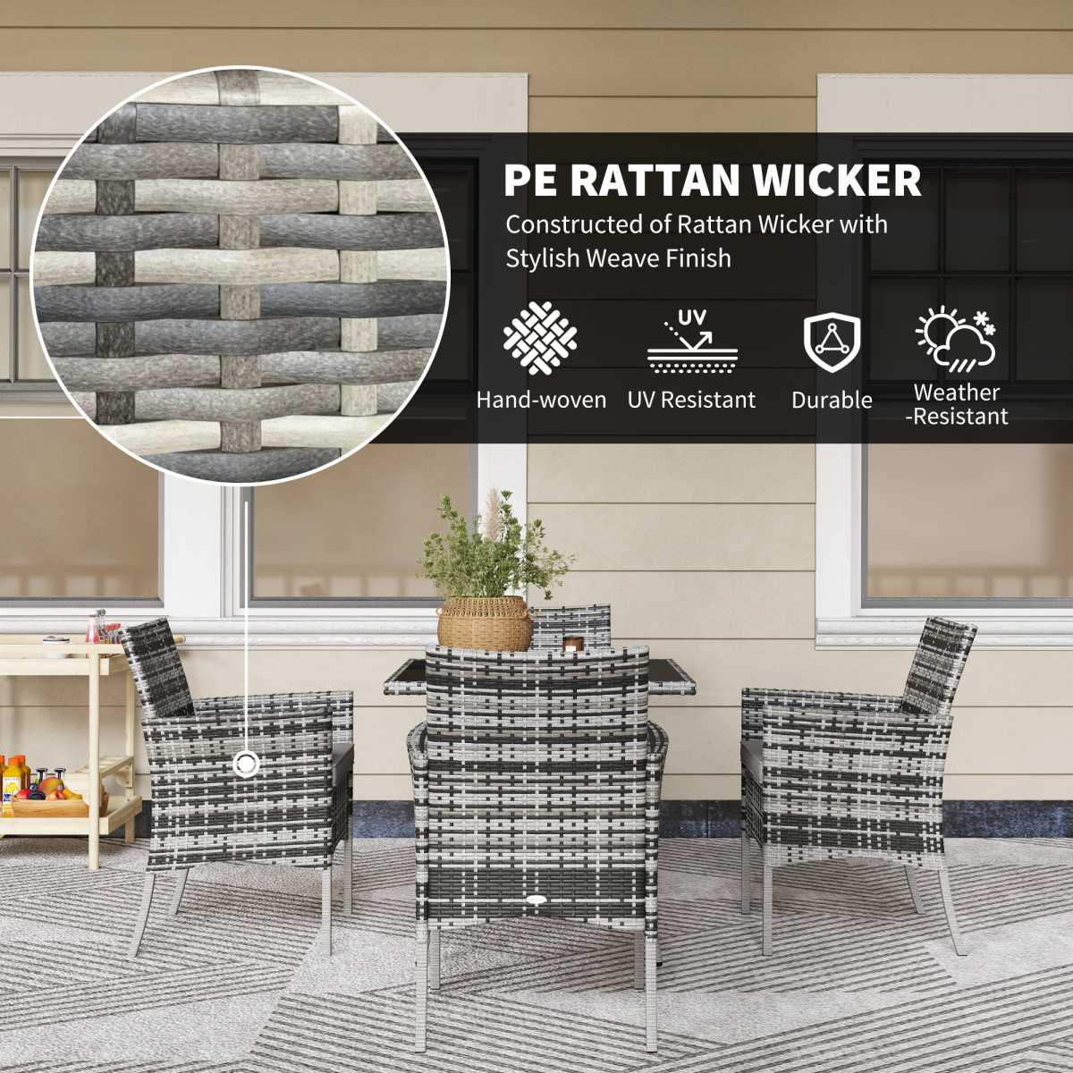 Outsunny 5 Piece 4 Seater Rattan Garden Dining Set with Tempered Glass Tabletop