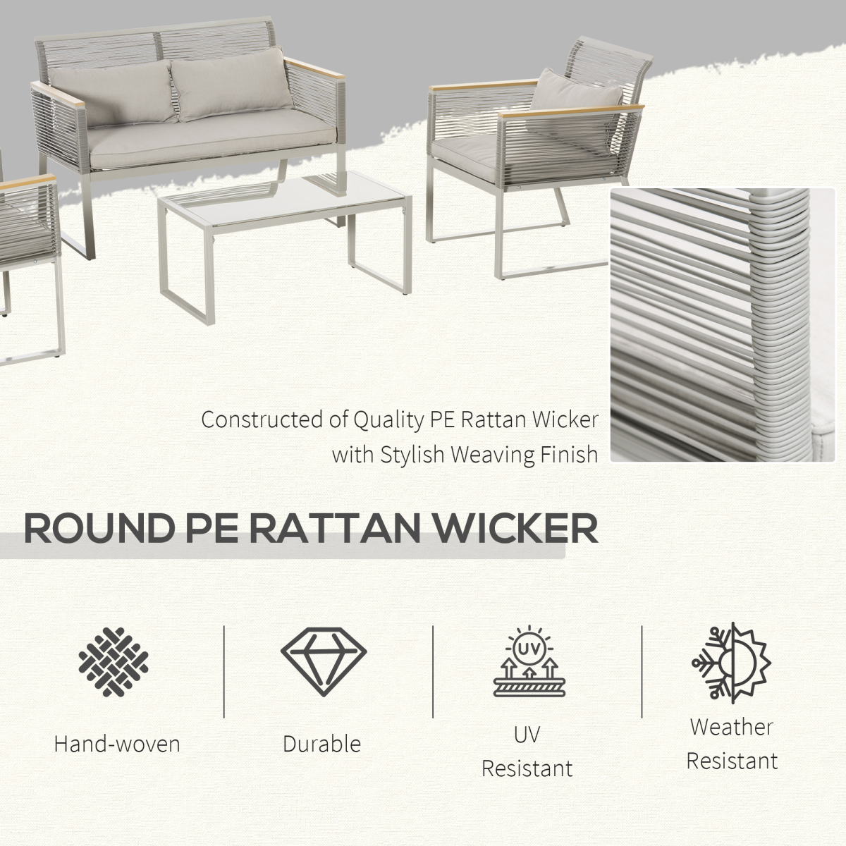 Outsunny 4-Piece Patio Rattan Sofa Set with 2 Chairs, Loveseat and Coffee Table, Steel Frame, PE Rattan, Tempered Glass, Grey