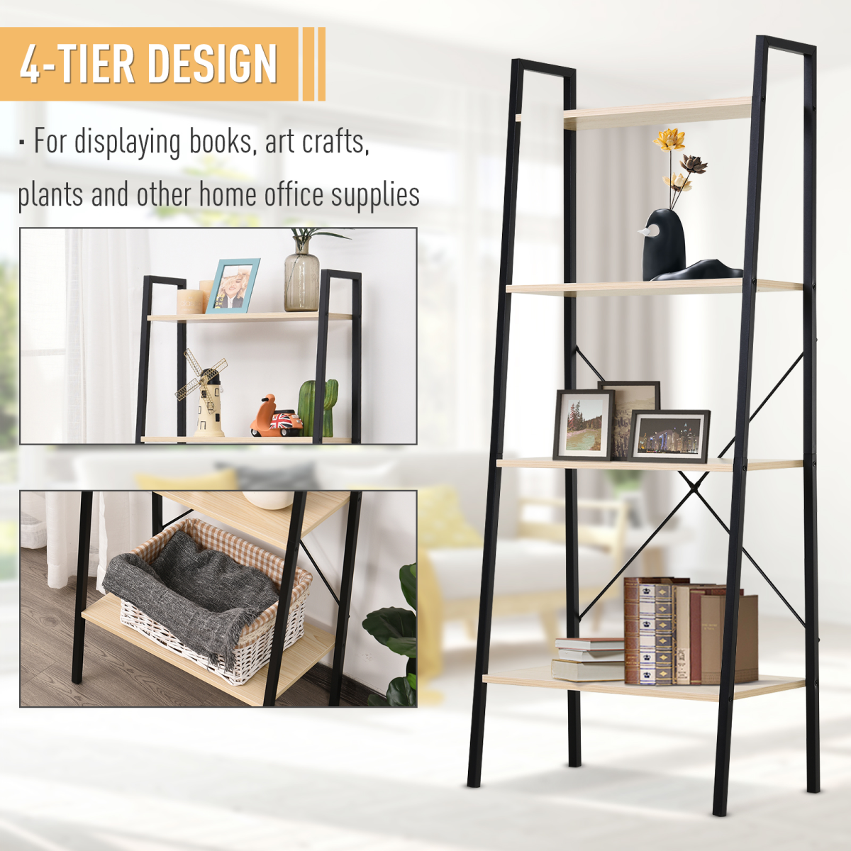 4-Tier Minimalistic Ladder Shelf Unit with Steel Frame and MDF Shelves for Display Storage