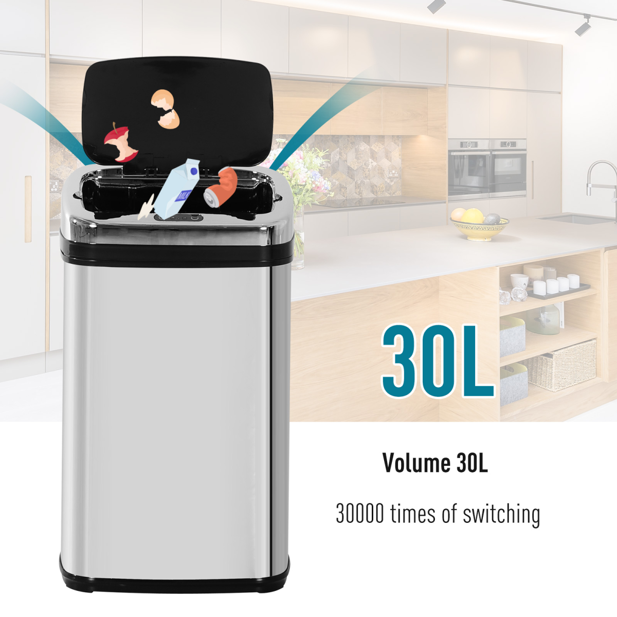 HOMCOM 30L Automatic Motion Sensor Kitchen Bin, Silver