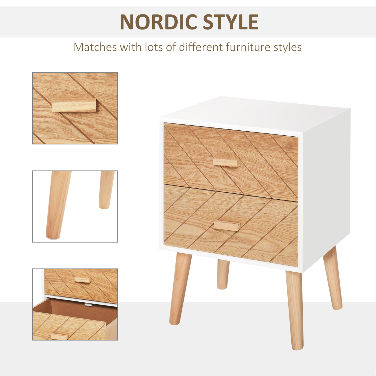 HOMCOM Nordic Style Wooden 2-Drawer Side Cabinet Bedside Table Storage Chest