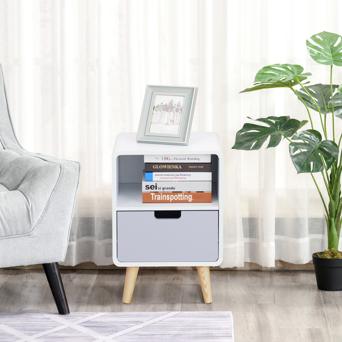 HOMCOM Scandinavian Nordic Style Bedside Table with Drawer and Open Shelf, End Table