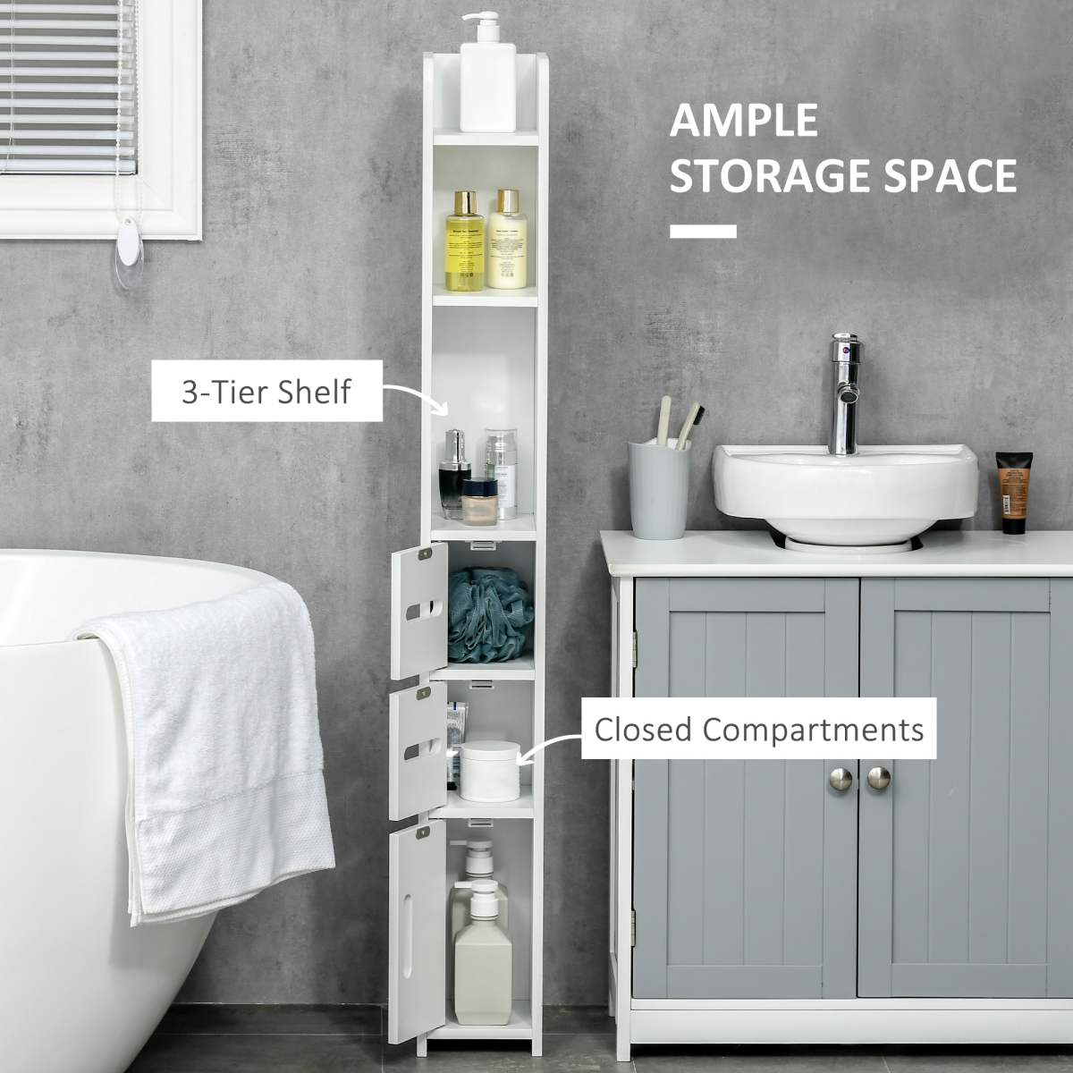 kleankin White Freestanding Bathroom Cabinet with Open Shelves, 3 Cupboards