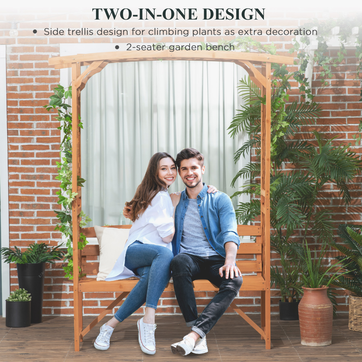Outsunny Wooden Garden Bench with Arch Pergola, Natural Finish