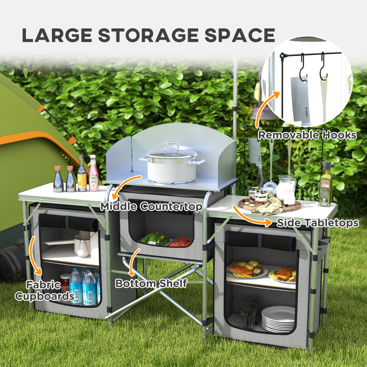 Outsunny Folding Camping Kitchen with Windshield, Lamp Stand & Carry Bag