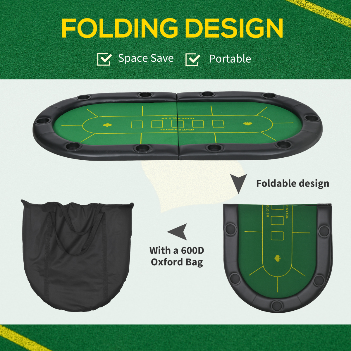 SPORTNOW Foldable 10-Player Poker Table Top with Cup Holders & Carry Bag