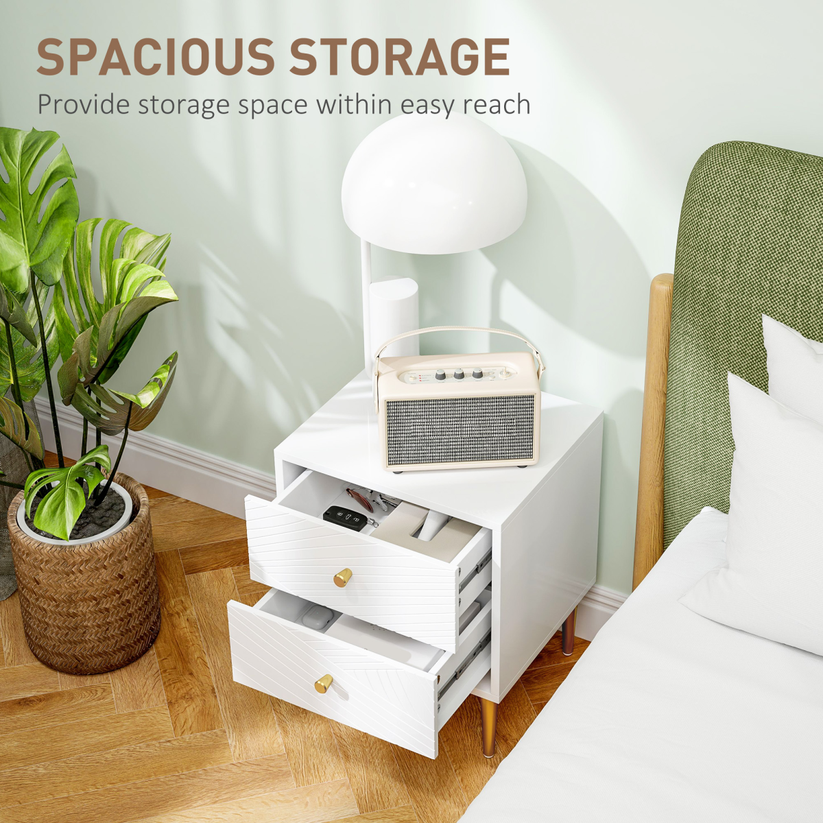 White Nightstand with Gold-Tone Handles, 2 Drawers & Metal Legs
