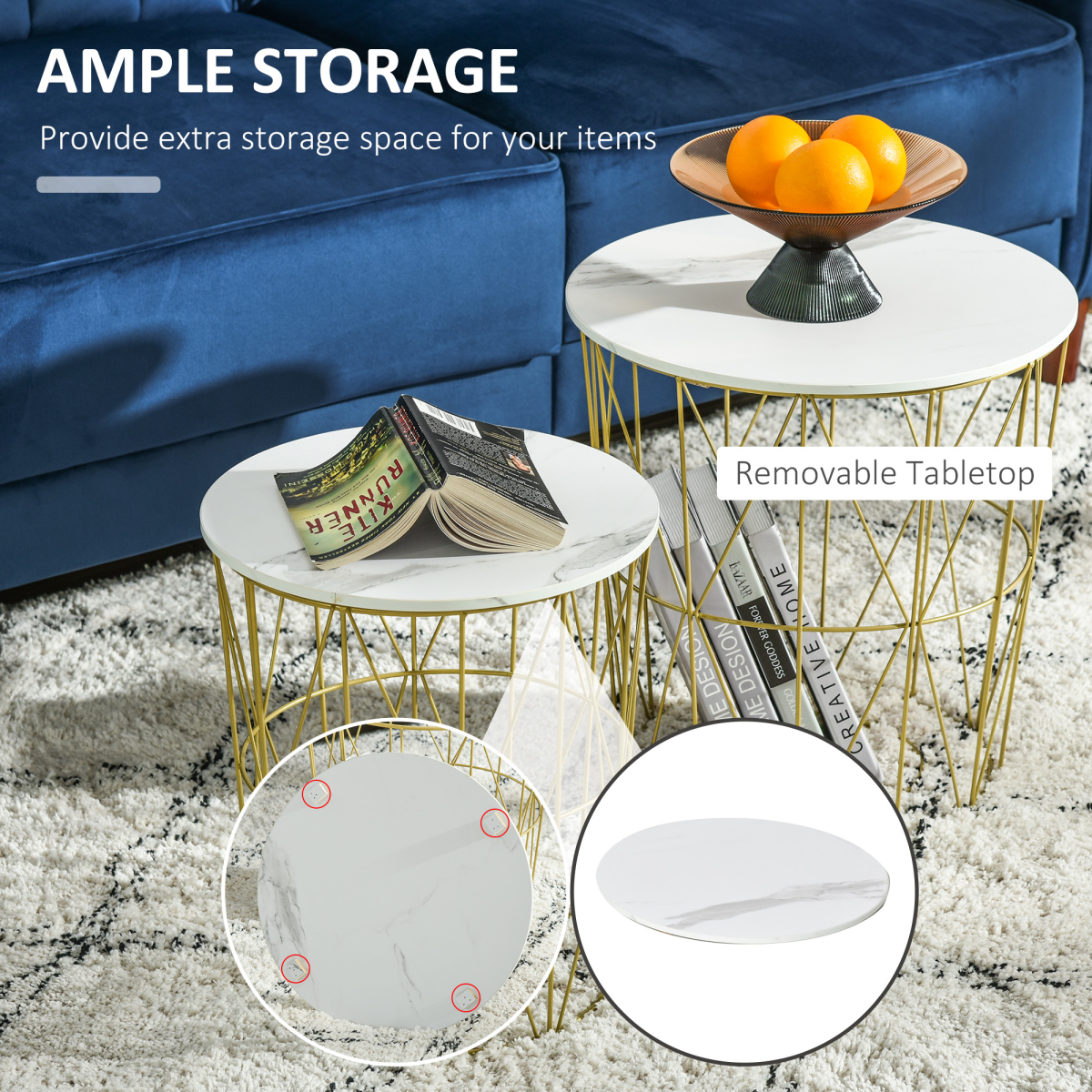 HOMCOM Set of 2 Nesting Side Tables with Removable Top, White