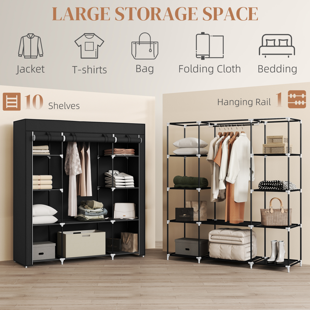 Portable Fabric Wardrobe with 10 Shelves and Hanging Rail, Black