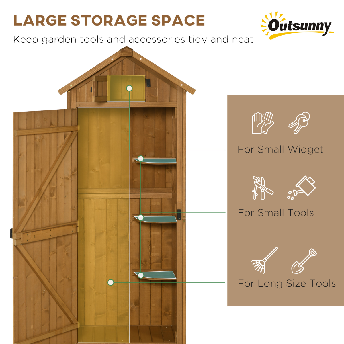 Outsunny Wooden Garden Storage Shed with 3 Detachable Shelves, Outdoor Tool Cabinet, Brown, 77 x 54.2 x 179 cm