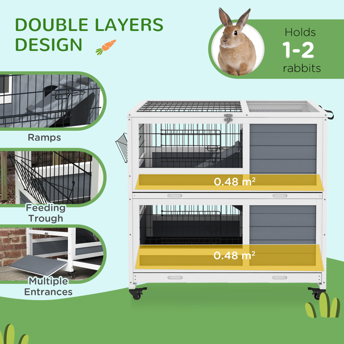 PawHut Double Decker Indoor Rabbit Hutch with Feeding Trough and Slide-Out Trays