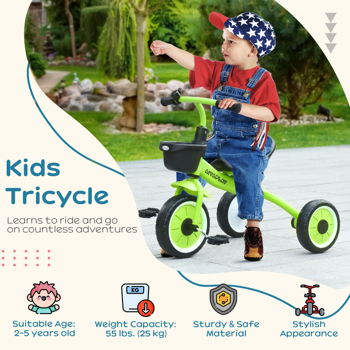 AIYAPLAY Adjustable Seat Kids Tricycle with Basket, Green, 2-5 Years