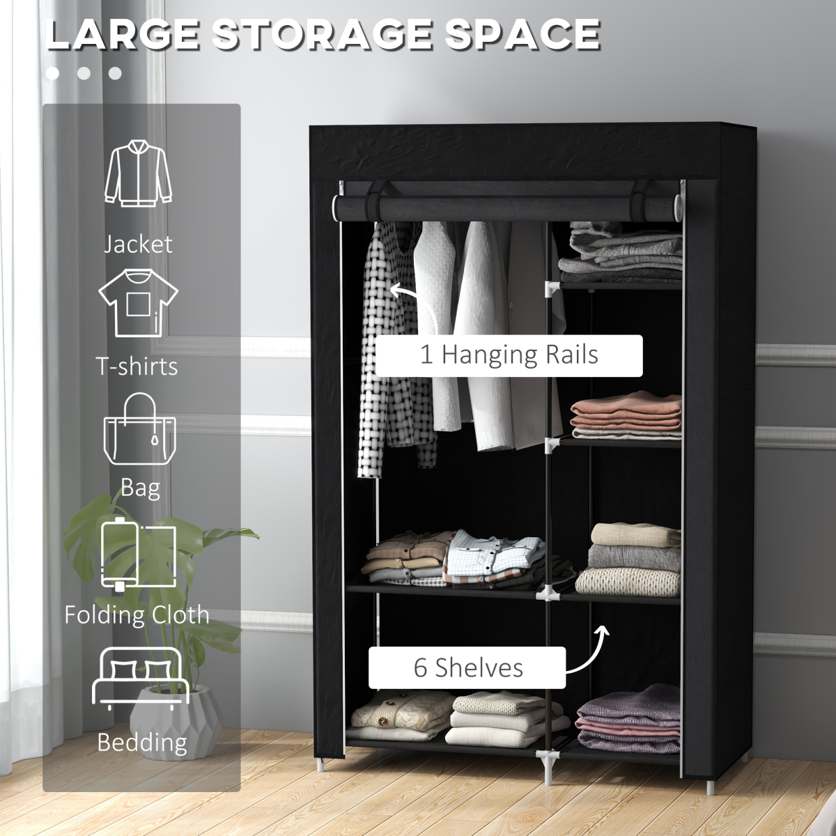 HOMCOM Portable Wardrobe Closet with Hanging Rail & 6 Shelves, Black