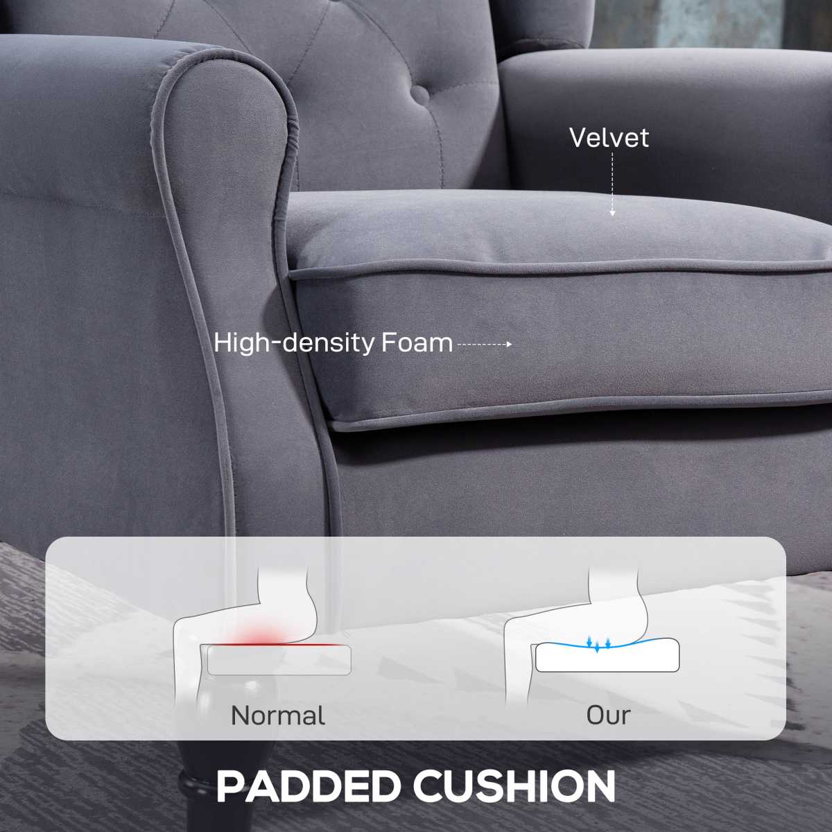 HOMCOM Retro Tufted Velvet Accent Armchair, Charcoal Grey