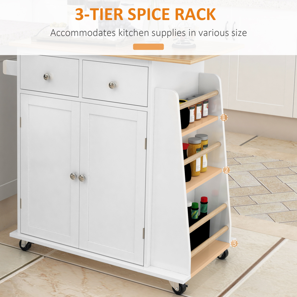 HOMCOM Kitchen Island Storage Unit with Rubberwood Top, 3-Tier Spice Rack, 2 Sliding Drawers, Cupboard and Towel Rail