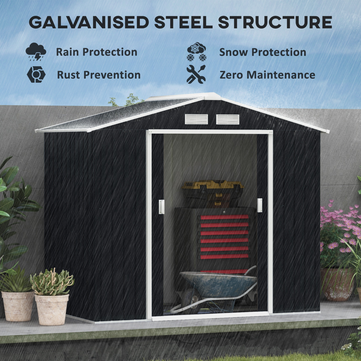 Outsunny Lockable Garden Storage Shed 7ft x 4ft Grey Galvanised Steel with Sloped Roof, Ventilation and Floor Foundation