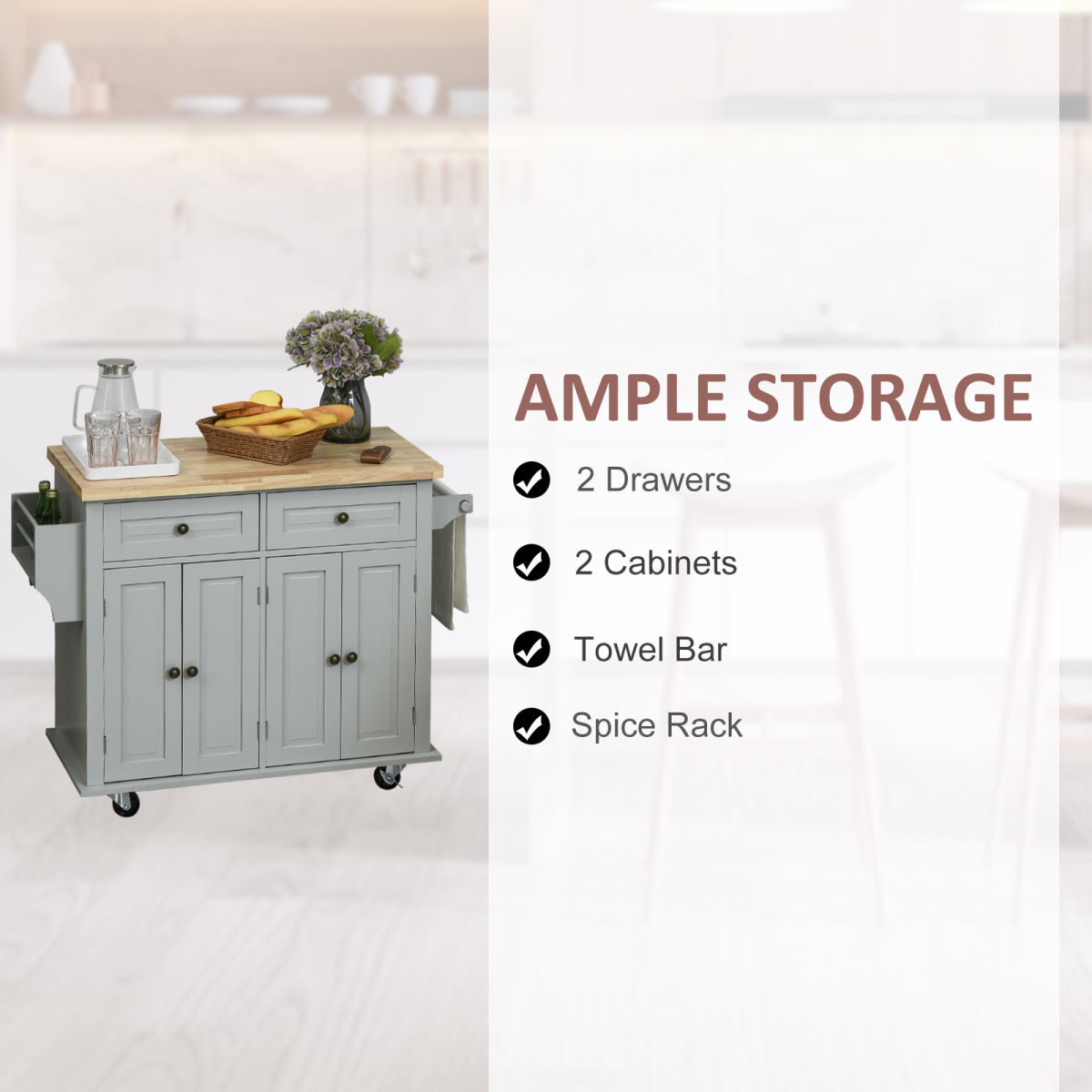 HOMCOM Rolling Kitchen Island Cart with Rubberwood Top and Storage