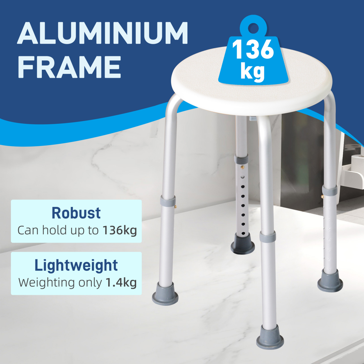 Adjustable Bath Shower Seat with Suction Pads, 136kg Capacity