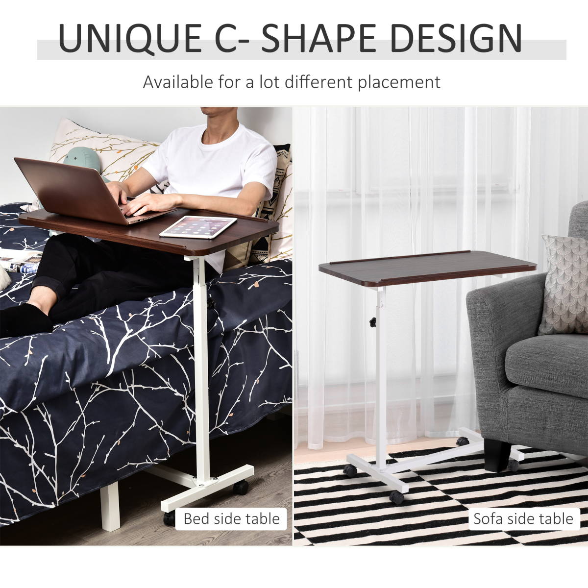 HOMCOM Multipurpose C-Shape Overbed Chair Table, Adjustable Height Rolling Bed and Sofa Side Table with Brakes