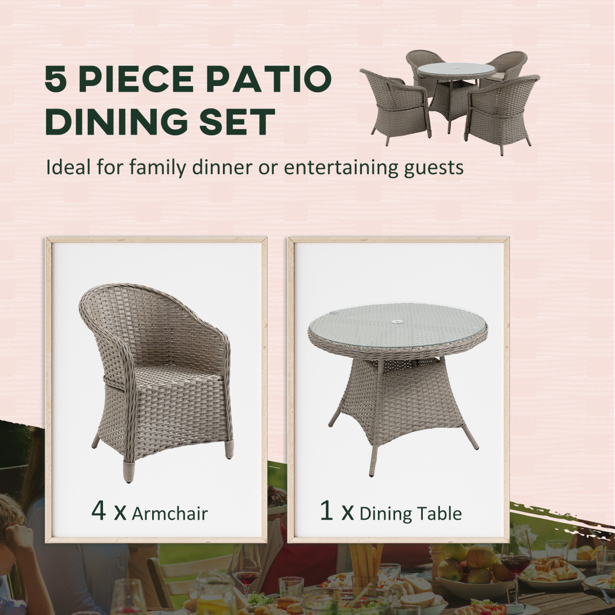 Outsunny 5-Piece Outdoor Patio PE Rattan Dining Set, Four-Seater, Grey, Tempered Glass Table, Cushioned Chairs, Umbrella Hole