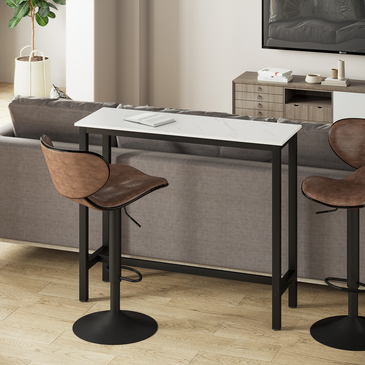 Marble Grain Bar Table with Adjustable Footpads, White & Black
