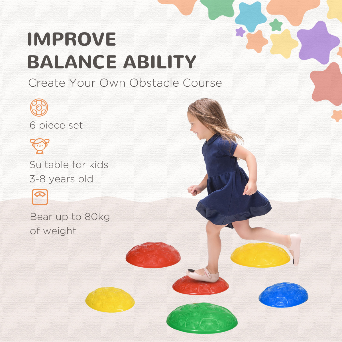 ZONEKIZ 6-Piece Balance Stepping Stones with Non-Slip Mats, Ages 3-8